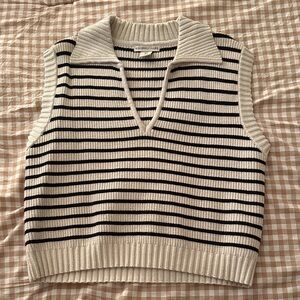 Striped Knit Polo Sweater Vest - Cream & Black